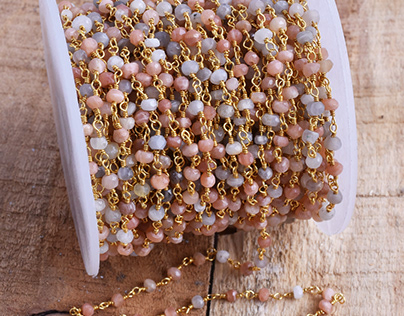 Natural Multi Moonstone Rosary Beaded Gold Chain