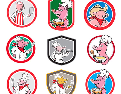 Pig Worker Icon Mascot Cartoon Set