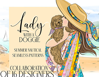 Lady with a doggie. Summer nautical seamless patterns.