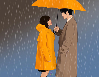 Couple Rain Illustration