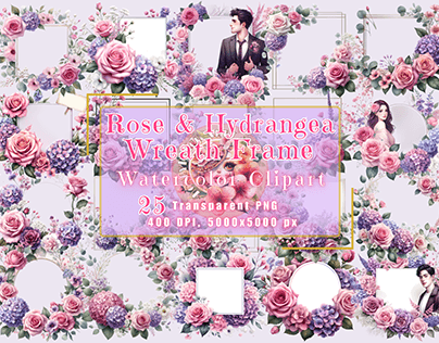 Elegant Rose & Hydrangea Wreath Frame • Watercolor •