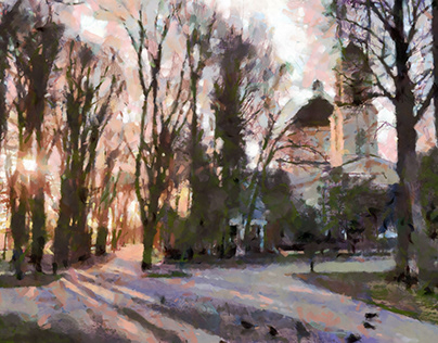 Morning in the park. Peter and Paul Cathedral in Gomel