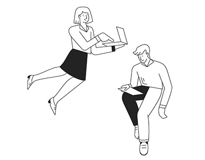 Floating office employees, b/w business illustration