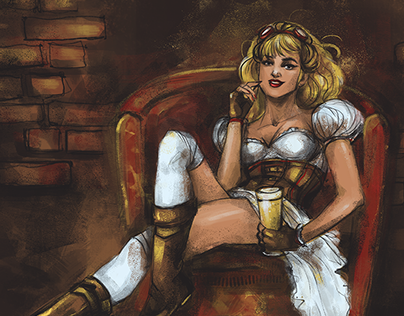 Steampunk blonde with beer