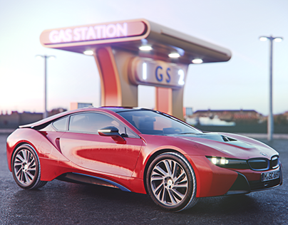 Car on Gas station (BMW i8) CGI