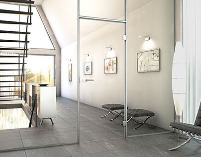 3D Interior with Glass Door and Metal Frames 01
