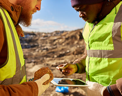 Two men examining an ore at the mine site