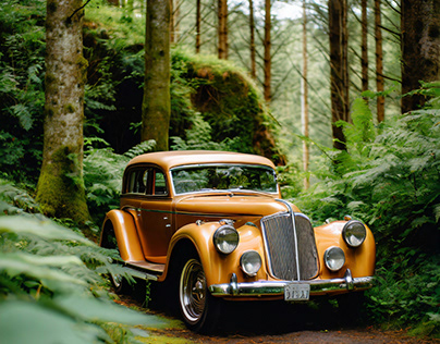 vintage car placed within a gorgeous and lush forest