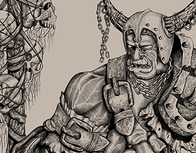 Drawing of an orc. Sketch on paper and digital inking.