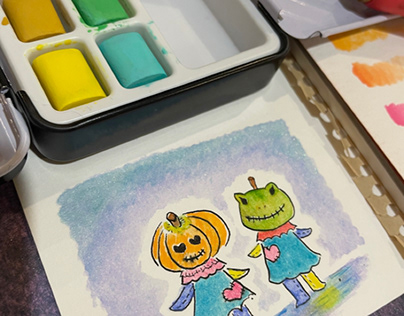Spooky, cute, traditional paint, watercolour