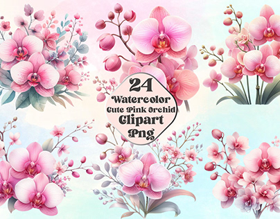 Watercolor Cute Pink Orchid Clipart