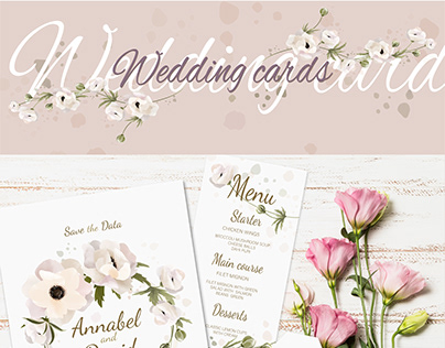 Wedding card set with Anemone flowers. Rustic Style