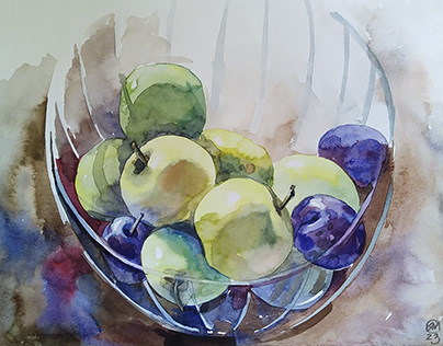 watercolor sketch with apples and plums