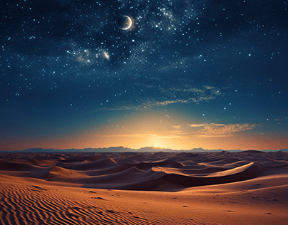 A Night in the desert with half-moon and Infinite Stars