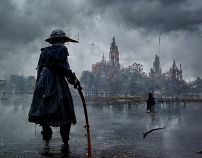 Bloodborne hunter with umbrella walking on riverside
