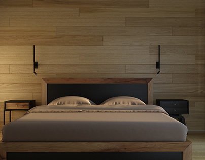 Bedroom with wood wall.