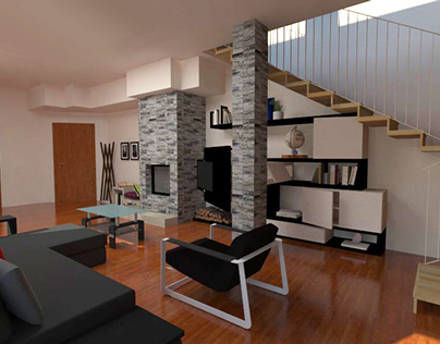 Furniture in apartment with fireplace