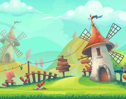 Cartoon landscape with a windmill