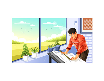 Young Male Interior Design Drawing in Home Illustration