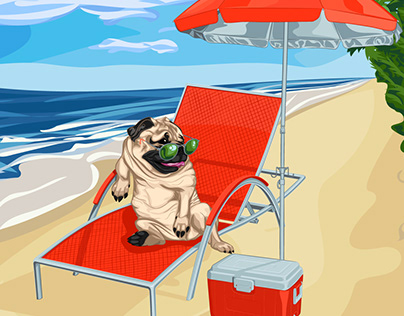 Pug on sun lounger in sunglasses on beach