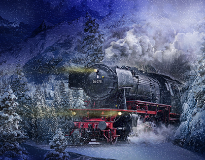 Winter train (light and snow). Matte paintig