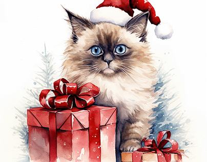 Cute Ragdoll cat christmas Water color