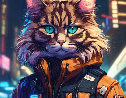 a brutal siberian cat wearing cyber jacket