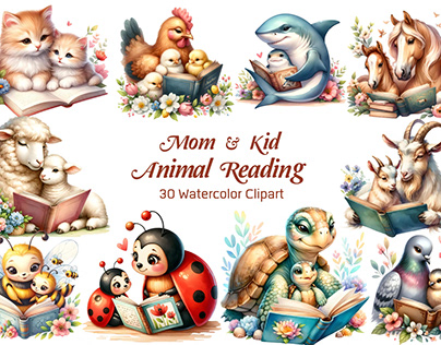 30 Mom & Kid Reading Book Watercolor Clipart, PNG