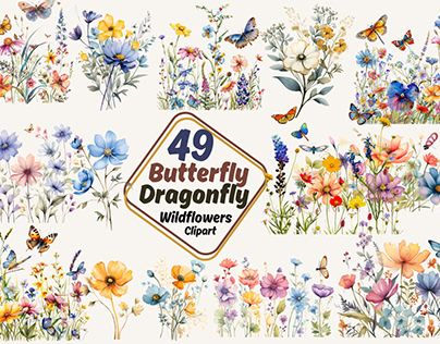 Butterfly Dragonfly Wildflower clipart