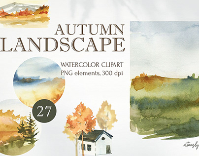 Watercolor Autumn clipart. Landscapes collection.