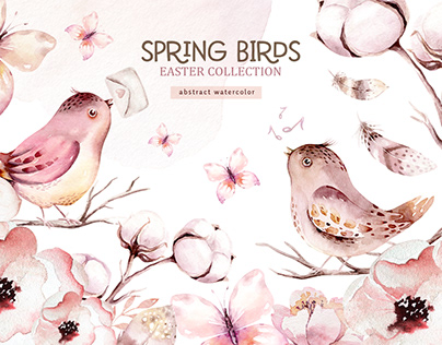 Watercolor spring birds collection