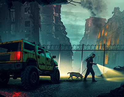 Policeman with his dog in an apocalypse