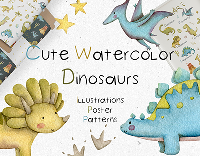 Kids dinosaurs watercolor illustrations and patterns