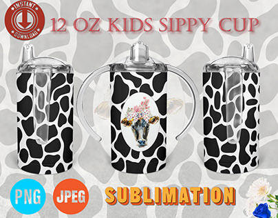 12oz kids sippy Cup Cow Print