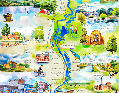 Illustrated map-panorama of the River Lea Navigation.