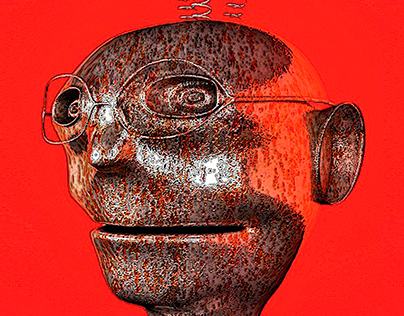 self-portrait on red background