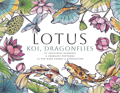 Lotus, Koi, Dragonflies. Vector Collection