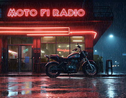 Lofi cafe rainy night, parked motorcycle
