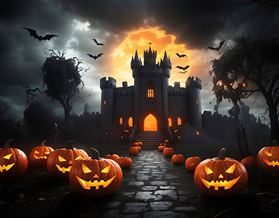 Scary Halloween Pumpkins, a castle around some bats