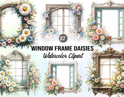 Window Frame Daisies Watercolor Clipart