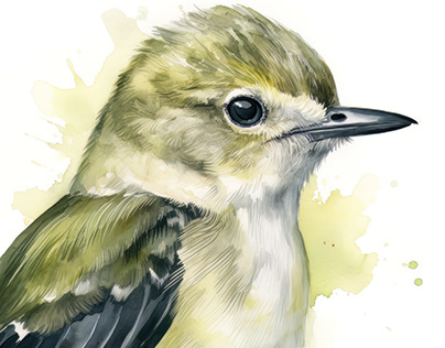 Vireo Bird Portrait Watercolor Painting