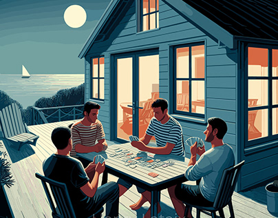 Friends playing cards at night in Lège-Cap-Ferret (fr)
