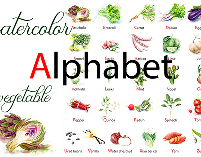 English alphabet made from watercolor vegetables