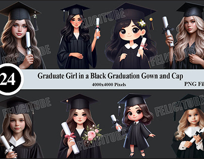 Graduate Girl Black Graduation Gown Cap Set PNG Files