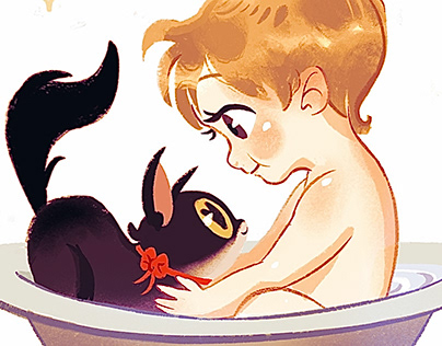 A bath with a cat - birthday illustration
