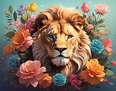 illustration a print of vintage lion head flowers