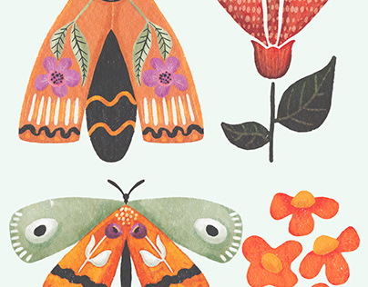 Folk Art Watercolor Butterflies and Flowers