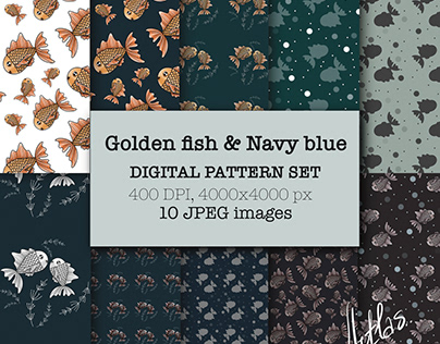 Golden Fish & Navy Blue Seamless Digital Pattern Set