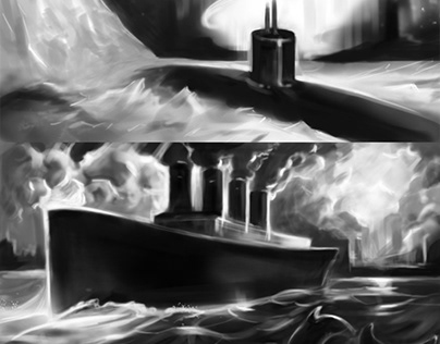 environments. submarine, dolphins, ship northern lights