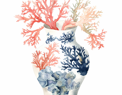 Watercolor Chinoiserie vase with coral